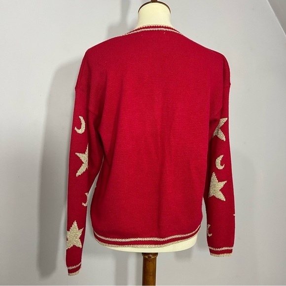 Vintage Americana Red Stars Sweater Patriotic Knit Cardigan Glitter Festive July - Picture 7 of 14